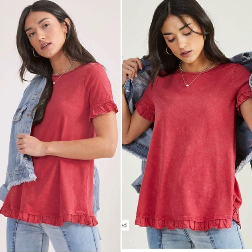 Altar'd State Boho Red Wren Ruffle Short Sleeves Tee, Sz Large